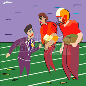 The clipart image shows three individuals on a football field: one appears to be a coach, dressed in a suit and tie with an apprehensive expression, gesturing with his hand; the other two are football players, one of whom is wearing a football helmet and holding a football, while the other, helmetless, looks attentively at the coach. The background suggests movement with streaks of color, and the ground is marked with yard lines typical of a football field.