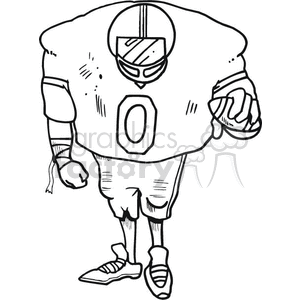 The image is a black and white clipart illustration of an American football player. The player is depicted wearing a jersey with the number 0, football pants, cleats, and a helmet with a visor. The player is holding a football in one hand and appears to be in a standing position ready to play.