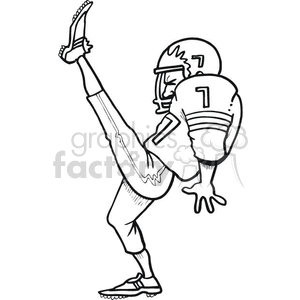The image is a black and white clipart that depicts an American football player in the motion of executing a kick. The player is shown with one leg extended high in the air, the other planted on the ground, wearing a football helmet with the number '1' on it, football pads, gloves, and cleats.