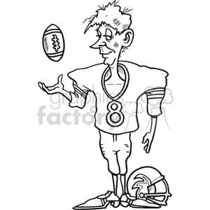The image depicts a caricature of an American football player. The player has a whimsical expression and a bit of a disheveled appearance, with hair sticking out and a casual stance. He is wearing a jersey with the number 8, shoulder pads, shorts, and cleats. The player is standing next to a football helmet that rests on the ground and is tossing a football in the air with one hand.