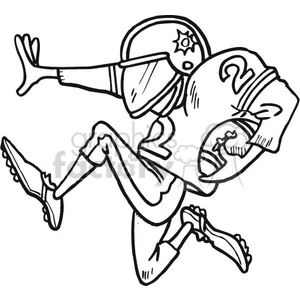 The clipart image depicts an American football player in action, likely a running back, performing a stiff arm maneuver against an opponent who is not visible in the image. The player is illustrated in a dynamic pose with one arm extended forward and the other holding a football securely. They are wearing typical football gear, including a helmet, shoulder pads, and cleats.