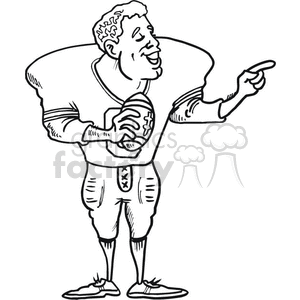 This clipart image contains a drawing of an American football player, possibly a quarterback, pointing in a direction while holding a football. He is wearing a standard football uniform including a helmet, jersey, pants with pads, and cleats.