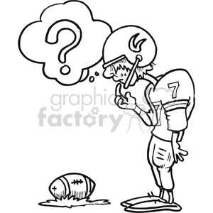This clipart image depicts a cartoon of an American football player looking ponderously at a football on the ground. A large question mark in a thought bubble above his head indicates confusion or uncertainty. The player is wearing a helmet, a jersey with the number 7, and football gear.