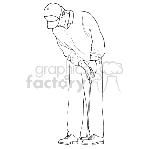 The clipart image depicts a golfer in mid-swing or preparing to swing a golf club. The golfer is illustrated in a side profile and appears to be focused on hitting a golf ball, which is not visible in the image. The golfer is wearing a cap, which is common attire for golfers to shield their eyes from the sun.