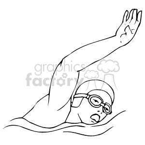 The image shows a black and white clipart of a person swimming. The swimmer is wearing goggles and appears to be doing the freestyle stroke, also known as the front crawl, with one arm extended forward and the other arm not visible, suggesting it is in the recovery phase behind the swimmer.