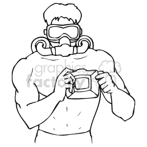 The clipart image displays an upper body depiction of a person engaged in underwater activities, presumably a swimmer or scuba diver. They are wearing a diving mask with a snorkel and are holding a camera, ready to take pictures underwater.