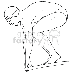 The image appears to be a black and white line drawing of a swimmer preparing to dive into the water. The swimmer is bent at the waist, with one foot forward on the edge and hands together pointing downward, in a typical starting pose seen in competitive swimming. The swimmer is wearing a swim cap and goggles.