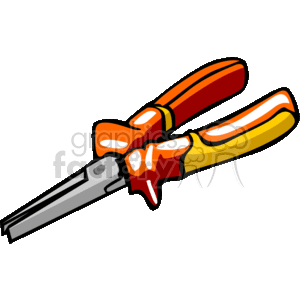 This is an image of a pair of pliers. The pliers are illustrated with orange and yellow handles and are partially open.