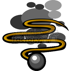 This clipart image depicts a traditional tool used by chimney sweeps, known as a chimney sweep brush or chimney brush. The brush is characterized by a long, flexible coiled rod that allows it to navigate the twists and turns of a chimney, and a round, black brush head designed to scrape and remove soot and creosote buildup from the interior of a chimney.