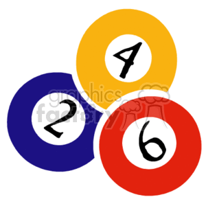 The clipart image shows three billiard balls numbered 2, 4, and 6. The ball numbered 2 is blue, the one numbered 4 is orange or yellow, and the one numbered 6 is red. They are arranged in a triangular formation.