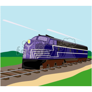 The clipart image depicts a blue and silver train locomotive on a set of railroad tracks. The engine is facing towards the left of the image, showing the front part with a headlight illuminated. It's a stylized representation with simple background elements like green hills and a light blue sky with white lines that could be interpreted as contrails or clouds.