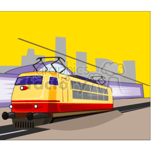 This clipart image features a yellow and red electric train moving on the tracks with overhead cables against a backdrop of a stylized city skyline with buildings in silhouette. The sky is depicted in a yellow gradient, giving the impression of a cityscape at dawn or dusk.