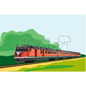 The clipart image depicts a passenger train moving on tracks through a countryside landscape. The train is comprised of several carriages, is colored red and gray, and is depicted in a side profile view. The background consists of rolling green hills and a light blue sky, indicating a clear, sunny day. There's a yellow field in the foreground, suggesting an open rural area.