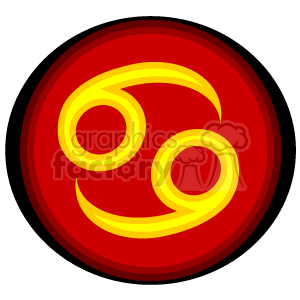 The image is a simplified, stylized representation of the zodiac sign Cancer. It features a circular emblem with the iconic Cancer symbol, which consists of two circles with tails that suggest a crab's pincers or a simplified 69 glyph, in yellow on a red background with a dark border. 