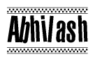The image is a black and white clipart of the text Abhilash in a bold, italicized font. The text is bordered by a dotted line on the top and bottom, and there are checkered flags positioned at both ends of the text, usually associated with racing or finishing lines.