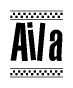 The image is a black and white clipart of the text Aila in a bold, italicized font. The text is bordered by a dotted line on the top and bottom, and there are checkered flags positioned at both ends of the text, usually associated with racing or finishing lines.