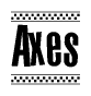 The image is a black and white clipart of the text Axes in a bold, italicized font. The text is bordered by a dotted line on the top and bottom, and there are checkered flags positioned at both ends of the text, usually associated with racing or finishing lines.