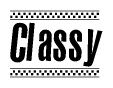 The clipart image displays the text Classy in a bold, stylized font. It is enclosed in a rectangular border with a checkerboard pattern running below and above the text, similar to a finish line in racing. 