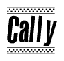 The clipart image displays the text Cally in a bold, stylized font. It is enclosed in a rectangular border with a checkerboard pattern running below and above the text, similar to a finish line in racing. 