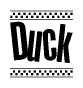 The clipart image displays the text Duck in a bold, stylized font. It is enclosed in a rectangular border with a checkerboard pattern running below and above the text, similar to a finish line in racing. 