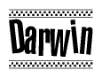 The image contains the text Darwin in a bold, stylized font, with a checkered flag pattern bordering the top and bottom of the text.