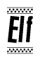 The clipart image displays the text Elf in a bold, stylized font. It is enclosed in a rectangular border with a checkerboard pattern running below and above the text, similar to a finish line in racing. 