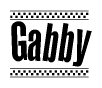 The image contains the text Gabby in a bold, stylized font, with a checkered flag pattern bordering the top and bottom of the text.