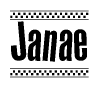 The image is a black and white clipart of the text Janae in a bold, italicized font. The text is bordered by a dotted line on the top and bottom, and there are checkered flags positioned at both ends of the text, usually associated with racing or finishing lines.