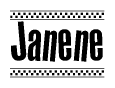 The image is a black and white clipart of the text Janene in a bold, italicized font. The text is bordered by a dotted line on the top and bottom, and there are checkered flags positioned at both ends of the text, usually associated with racing or finishing lines.