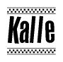 The image is a black and white clipart of the text Kalle in a bold, italicized font. The text is bordered by a dotted line on the top and bottom, and there are checkered flags positioned at both ends of the text, usually associated with racing or finishing lines.