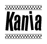 The image is a black and white clipart of the text Kania in a bold, italicized font. The text is bordered by a dotted line on the top and bottom, and there are checkered flags positioned at both ends of the text, usually associated with racing or finishing lines.