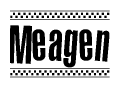 The image is a black and white clipart of the text Meagen in a bold, italicized font. The text is bordered by a dotted line on the top and bottom, and there are checkered flags positioned at both ends of the text, usually associated with racing or finishing lines.