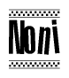 The image contains the text Noni in a bold, stylized font, with a checkered flag pattern bordering the top and bottom of the text.