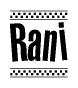 The image contains the text Rani in a bold, stylized font, with a checkered flag pattern bordering the top and bottom of the text.