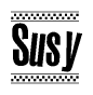 The image is a black and white clipart of the text Susy in a bold, italicized font. The text is bordered by a dotted line on the top and bottom, and there are checkered flags positioned at both ends of the text, usually associated with racing or finishing lines.