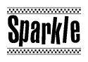 The image is a black and white clipart of the text Sparkle in a bold, italicized font. The text is bordered by a dotted line on the top and bottom, and there are checkered flags positioned at both ends of the text, usually associated with racing or finishing lines.