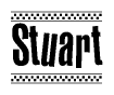 The image is a black and white clipart of the text Stuart in a bold, italicized font. The text is bordered by a dotted line on the top and bottom, and there are checkered flags positioned at both ends of the text, usually associated with racing or finishing lines.