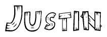 The clipart image shows the name Justin stylized to look like it is constructed out of separate wooden planks or boards, with each letter having wood grain and plank-like details.
