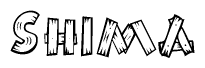 The image contains the name Shima written in a decorative, stylized font with a hand-drawn appearance. The lines are made up of what appears to be planks of wood, which are nailed together