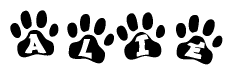 The image shows a row of animal paw prints, each containing a letter. The letters spell out the word Alie within the paw prints.