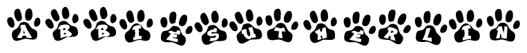 The image shows a series of animal paw prints arranged in a horizontal line. Each paw print contains a letter, and together they spell out the word Abbiesutherlin.