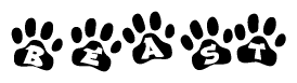 The image shows a series of animal paw prints arranged horizontally. Within each paw print, there's a letter; together they spell Beast