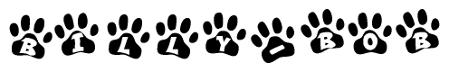 The image shows a series of animal paw prints arranged horizontally. Within each paw print, there's a letter; together they spell Billy-bob