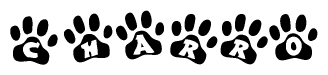 The image shows a row of animal paw prints, each containing a letter. The letters spell out the word Charro within the paw prints.