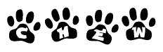 The image shows a series of animal paw prints arranged horizontally. Within each paw print, there's a letter; together they spell Chew