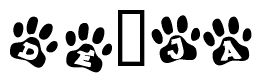 The image shows a row of animal paw prints, each containing a letter. The letters spell out the word De ja within the paw prints.