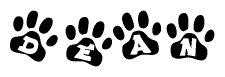 The image shows a series of animal paw prints arranged in a horizontal line. Each paw print contains a letter, and together they spell out the word Dean.