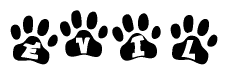 The image shows a row of animal paw prints, each containing a letter. The letters spell out the word Evil within the paw prints.