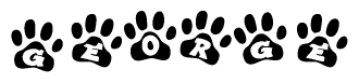 The image shows a row of animal paw prints, each containing a letter. The letters spell out the word George within the paw prints.