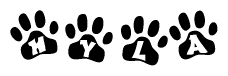 The image shows a series of animal paw prints arranged horizontally. Within each paw print, there's a letter; together they spell Hyla